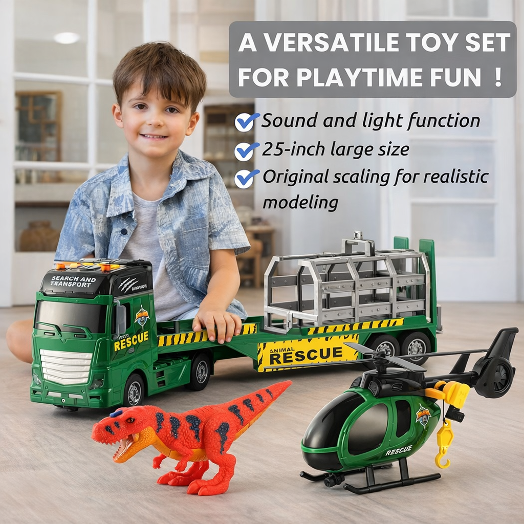 3-in-1 Rescue Truck Toy Set for Kids (3+ Years) – Tow Truck, Helicopter & Dinosaur Truck with Lights & Sounds