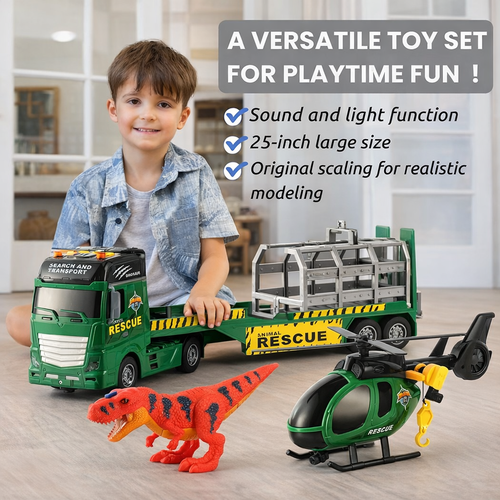 3-in-1 Rescue Truck Toy Set for Kids (3+ Years) – Tow Truck, Helicopter & Dinosaur Truck with Lights & Sounds