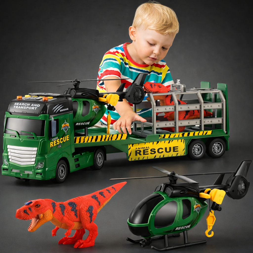 3-in-1 Rescue Truck Toy Set for Kids (3+ Years) – Tow Truck, Helicopter & Dinosaur Truck with Lights & Sounds
