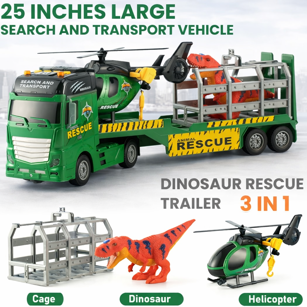 3-in-1 Rescue Truck Toy Set for Kids (3+ Years) – Tow Truck, Helicopter & Dinosaur Truck with Lights & Sounds