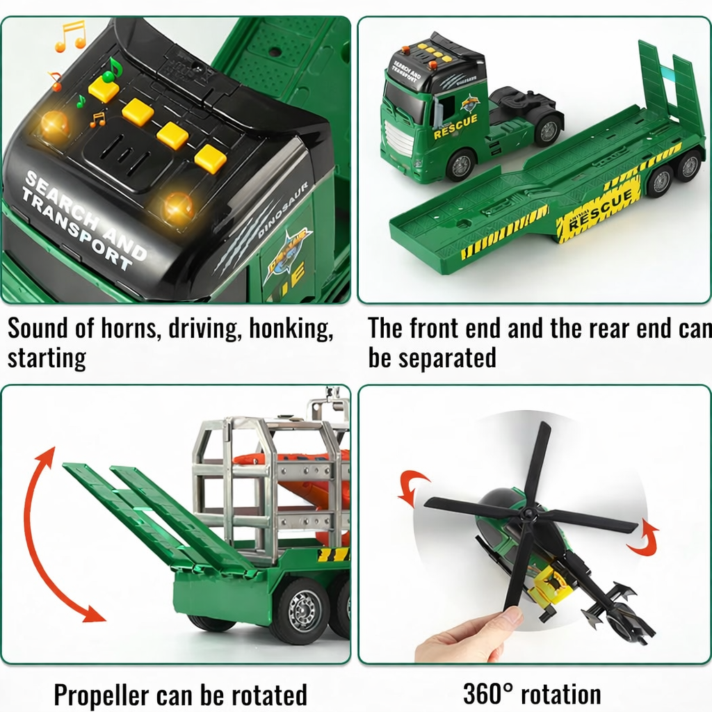 3-in-1 Rescue Truck Toy Set for Kids (3+ Years) – Tow Truck, Helicopter & Dinosaur Truck with Lights & Sounds