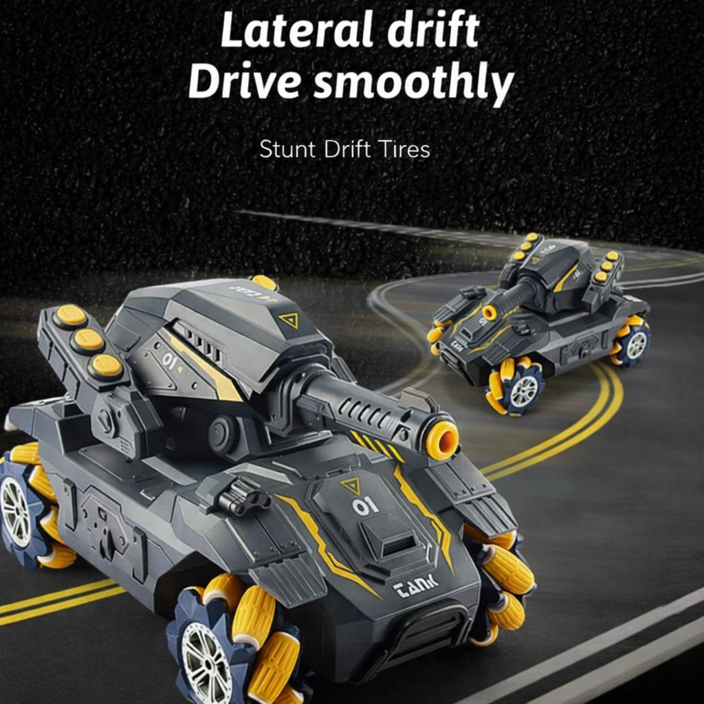 RC Battle Shooting Tank Toy for Kids – 2.4GHz Remote, 4WD 360° Rotating Action (Yellow & Black)