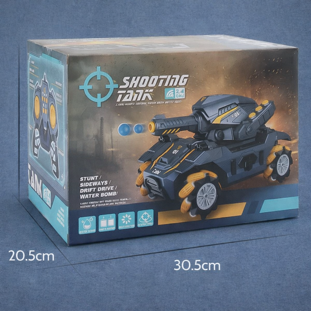 RC Battle Shooting Tank Toy for Kids – 2.4GHz Remote, 4WD 360° Rotating Action (Yellow & Black)