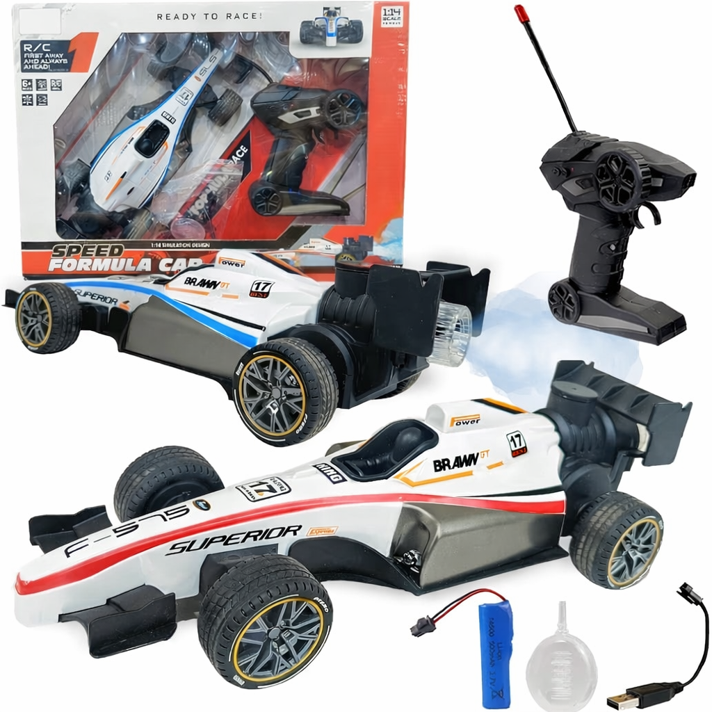 High-Speed RC Racing Car F1 Car Toy for Kids – 2WD Remote Control Racing Car, 1:14 Scale with Lights & Exhaust Effect (Rechargeable, White)