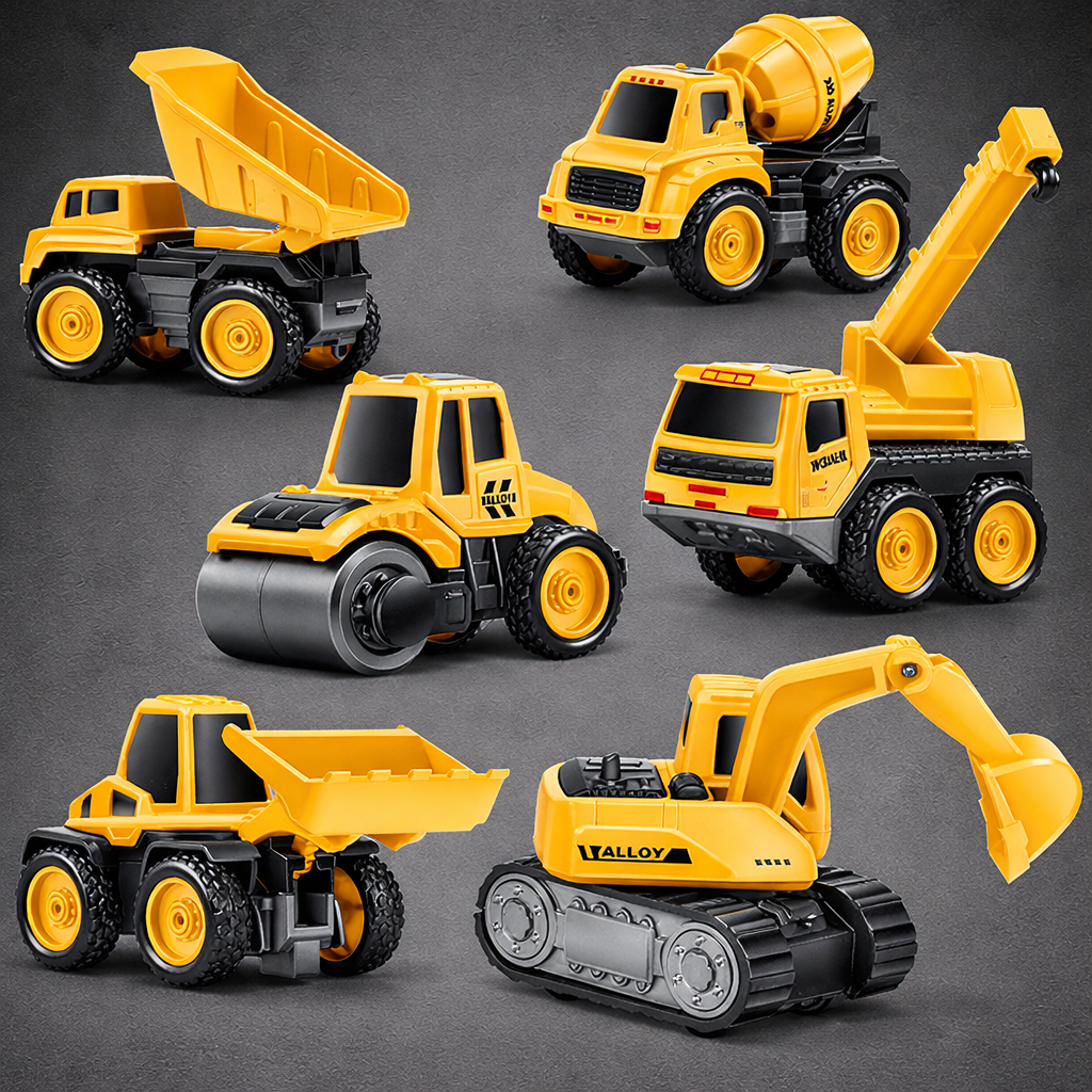 6-in-1 Unbreakable Construction Vehicle Toy Set for Kids – Crane, Excavator, Road Roller, Forklift, Mixer & Transporter Trucks
