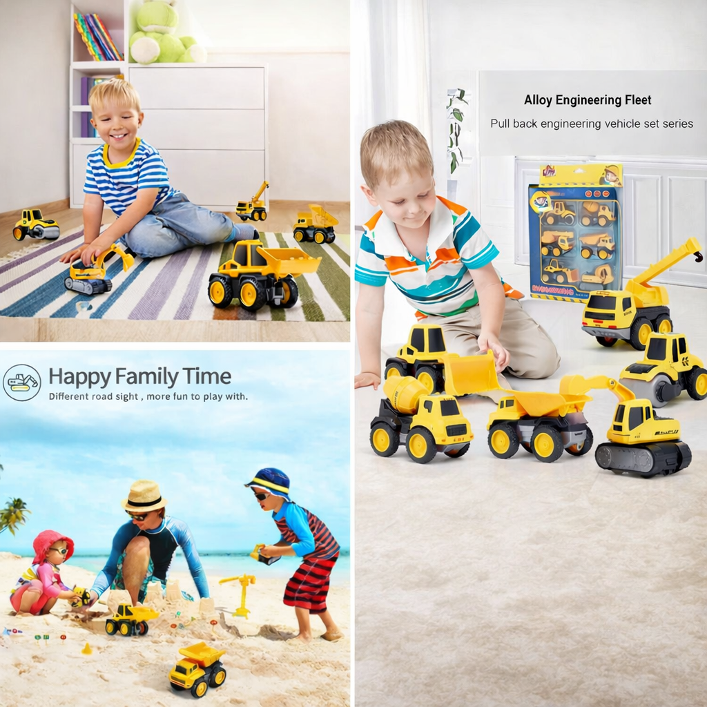 6-in-1 Unbreakable Construction Vehicle Toy Set for Kids – Crane, Excavator, Road Roller, Forklift, Mixer & Transporter Trucks