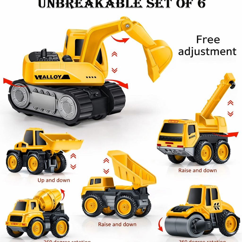 6-in-1 Unbreakable Construction Vehicle Toy Set for Kids – Crane, Excavator, Road Roller, Forklift, Mixer & Transporter Trucks