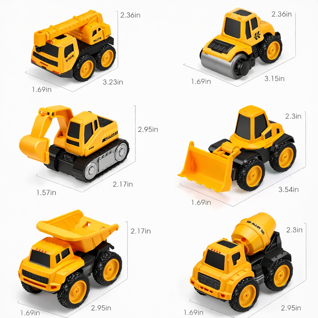 6-in-1 Unbreakable Construction Vehicle Toy Set for Kids – Crane, Excavator, Road Roller, Forklift, Mixer & Transporter Trucks