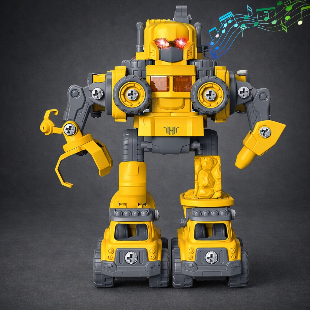 5-in-1 Take-Apart RC Construction Robot Toy for Kids, Convertible RC Robot to Construction Trucks, DIY RC Set – STEM Building Vehicle Truck Set, Big Size (Yellow)