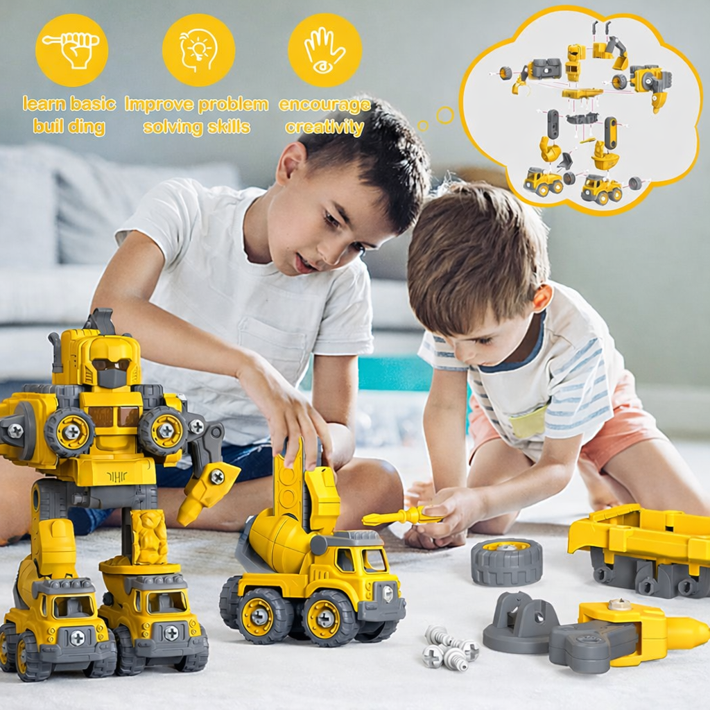5-in-1 Take-Apart RC Construction Robot Toy for Kids, Convertible RC Robot to Construction Trucks, DIY RC Set – STEM Building Vehicle Truck Set, Big Size (Yellow)