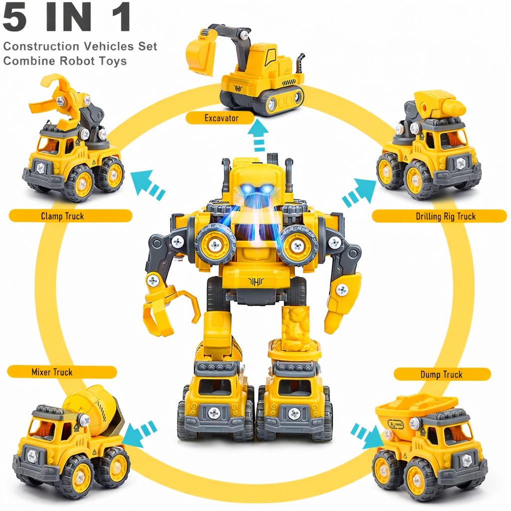 5-in-1 Take-Apart RC Construction Robot Toy for Kids, Convertible RC Robot to Construction Trucks, DIY RC Set – STEM Building Vehicle Truck Set, Big Size (Yellow)