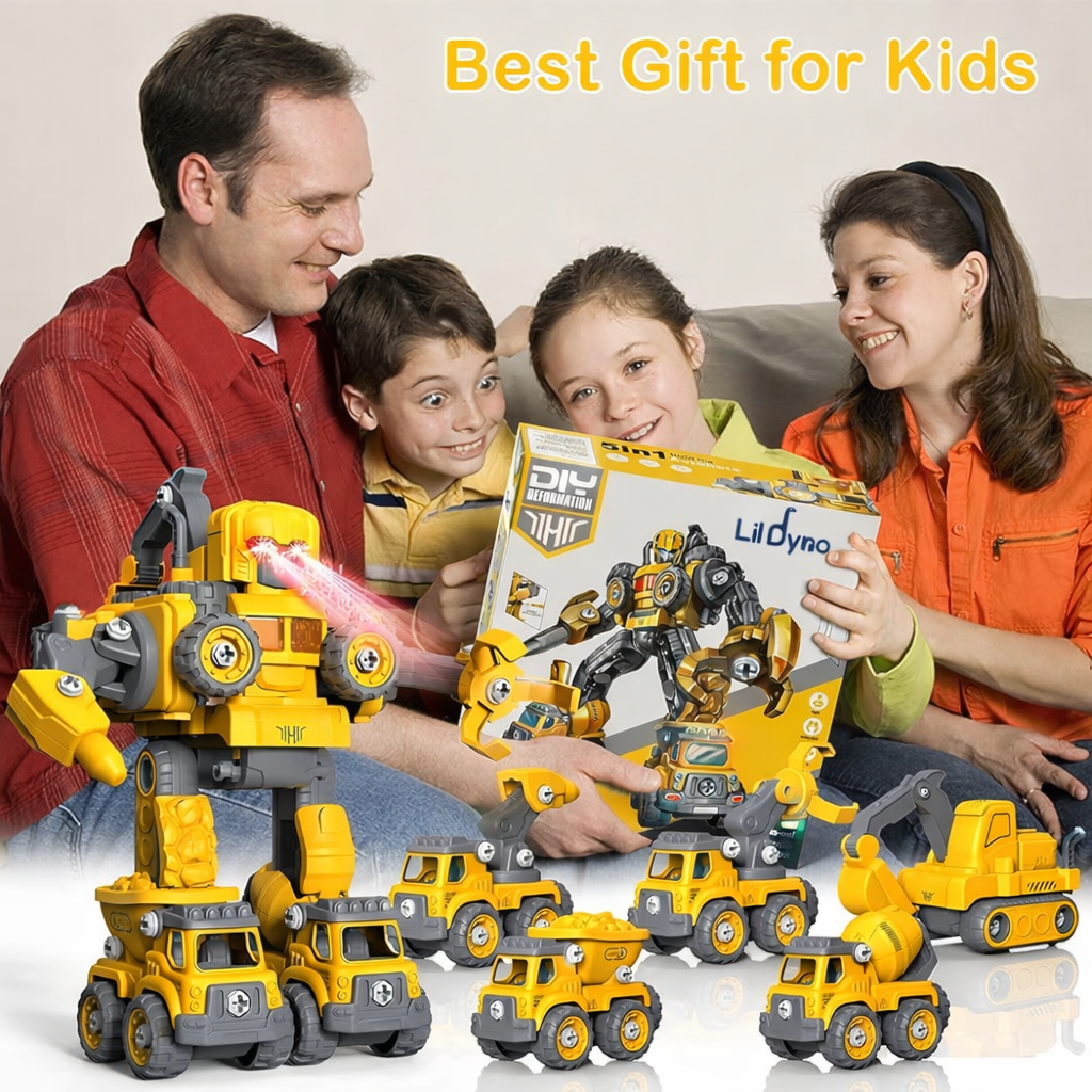5-in-1 Take-Apart RC Construction Robot Toy for Kids, Convertible RC Robot to Construction Trucks, DIY RC Set – STEM Building Vehicle Truck Set, Big Size (Yellow)
