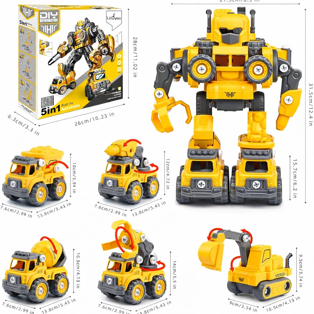 5-in-1 Take-Apart RC Construction Robot Toy for Kids, Convertible RC Robot to Construction Trucks, DIY RC Set – STEM Building Vehicle Truck Set, Big Size (Yellow)