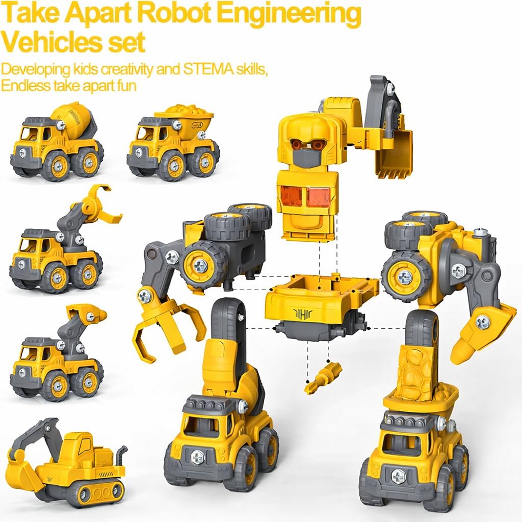 5-in-1 Take-Apart RC Construction Robot Toy for Kids, Convertible RC Robot to Construction Trucks, DIY RC Set – STEM Building Vehicle Truck Set, Big Size (Yellow)