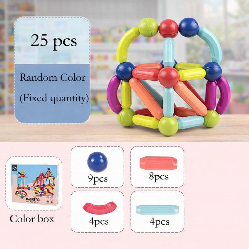 25 Pcs Magnetic Sticks & Balls Building Blocks Set – Colorful Magnetic Bar Construction Toy, 3D Educational Learning & STEM Building Kit for Kids