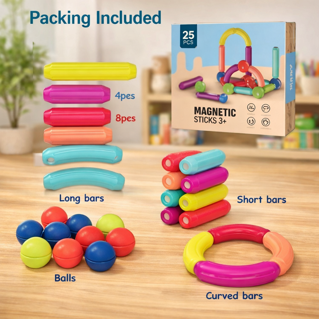 25 Pcs Magnetic Sticks & Balls Building Blocks Set – Colorful Magnetic Bar Construction Toy, 3D Educational Learning & STEM Building Kit for Kids