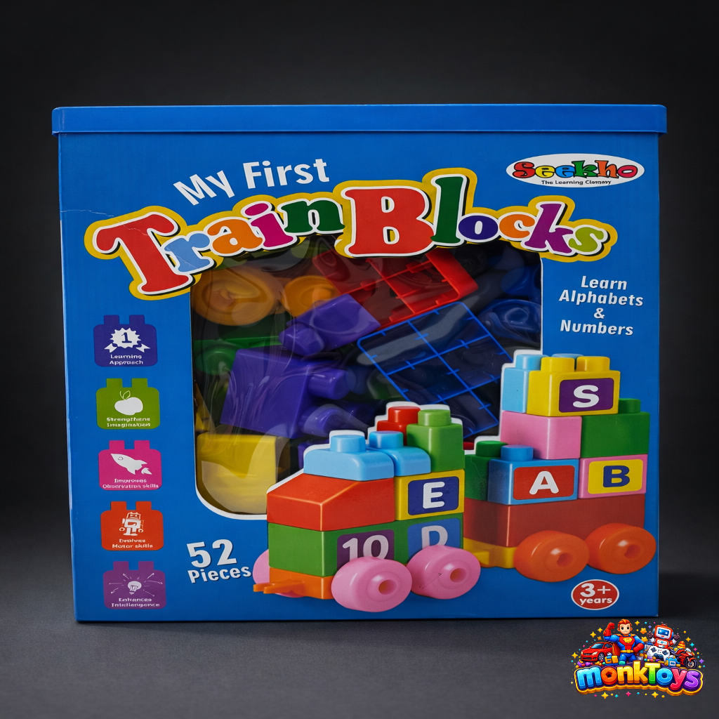 Train Building Blocks Toy Set for Kids | 52 Pieces Big Plastic Blocks | Non-Toxic Battery-Free Construction Toy | Age 3–5+ Years
