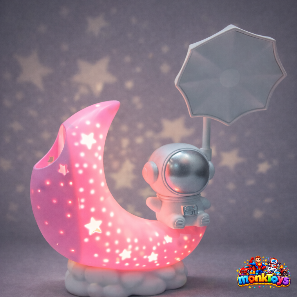 LED Study Table Lamp for Kids | Astronaut Moon Shaped Desk Lamp | 360° Adjustable USB LED Light | Rechargeable Study Light for Home, Office & Study Room | Pink